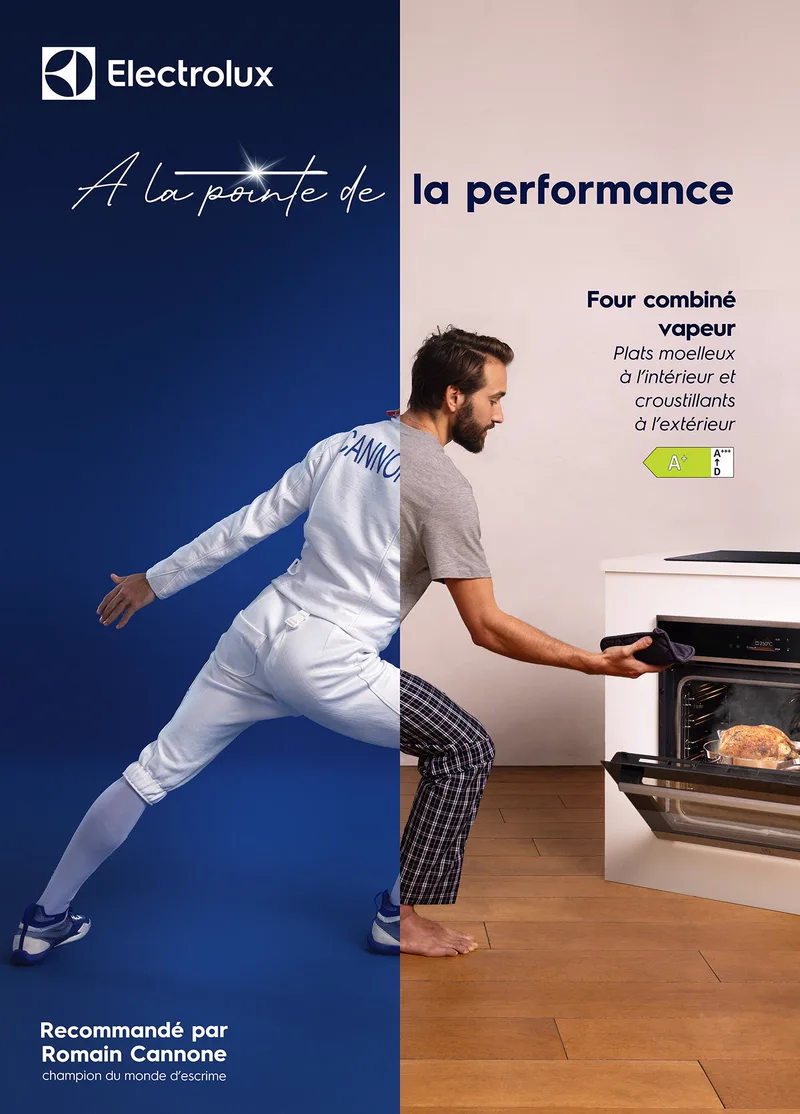 Key visual Electrolux : Romain Cannone en position d’escrime et en train de sortir un plat du four combiné vapeur