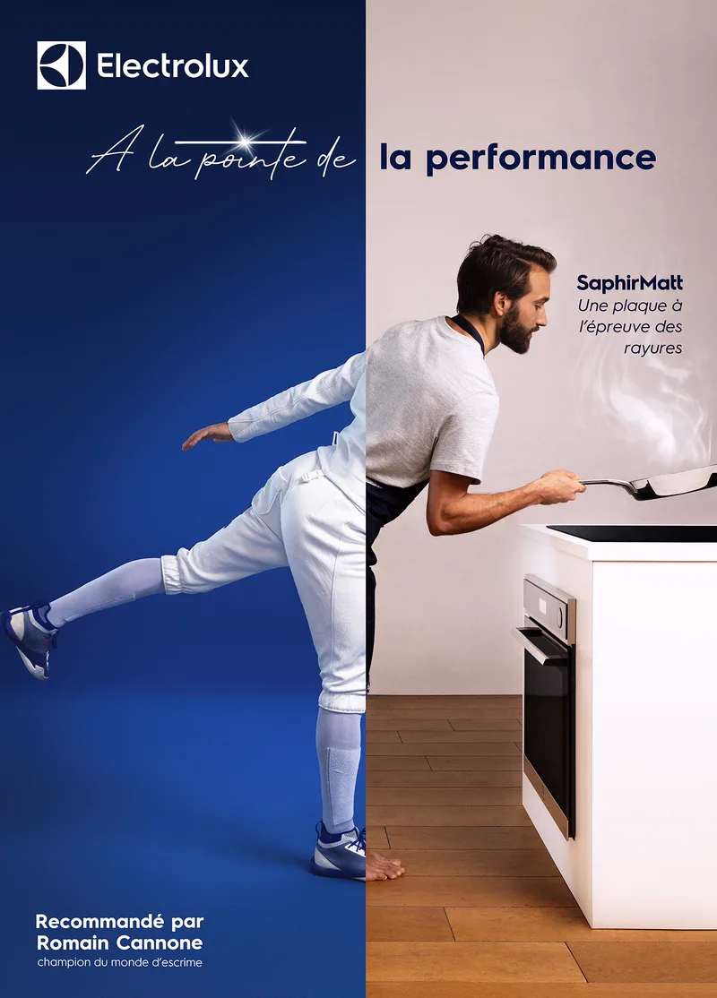 Key visual Electrolux pour la campagne Darty, geste sportif et geste du quotidien dans la même image